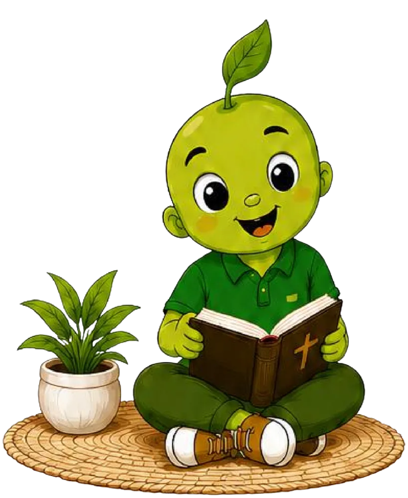 Prayer Buddy reading the Bible on a rug beside a plant