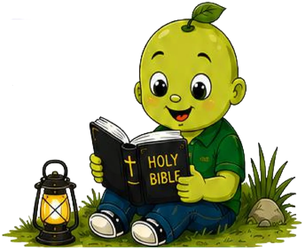 Prayer Buddy reading the Holy Bible outdoors by lantern light