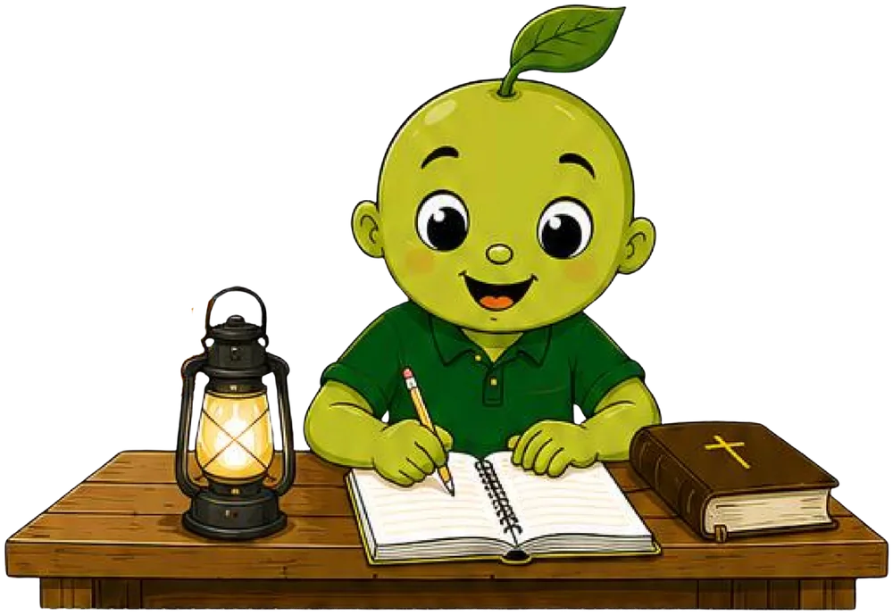 Prayer Buddy studying at a desk with a lantern and Bible