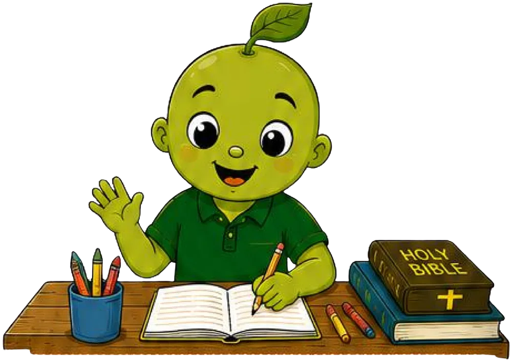 Prayer Buddy writing a prayer at a desk and waving