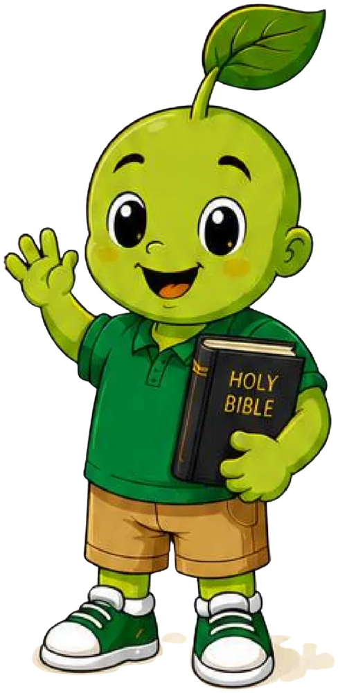 Prayer Buddy waving and holding a Bible