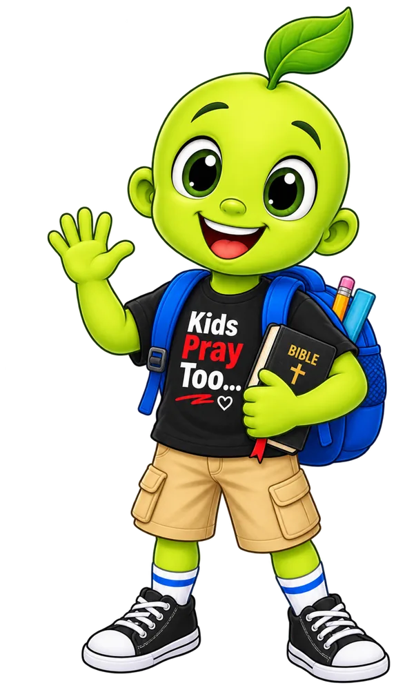 Prayer Buddy, the Kids Pray Too mascot, waving with a backpack and Bible